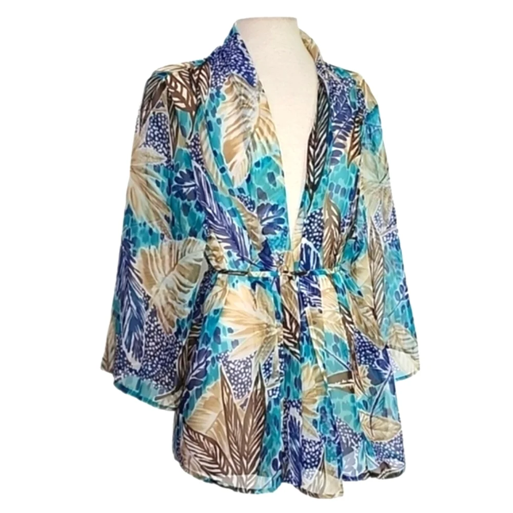 Bon Worth Kimono Semi Sheer Tropical Leaf Detail Aqua Size L